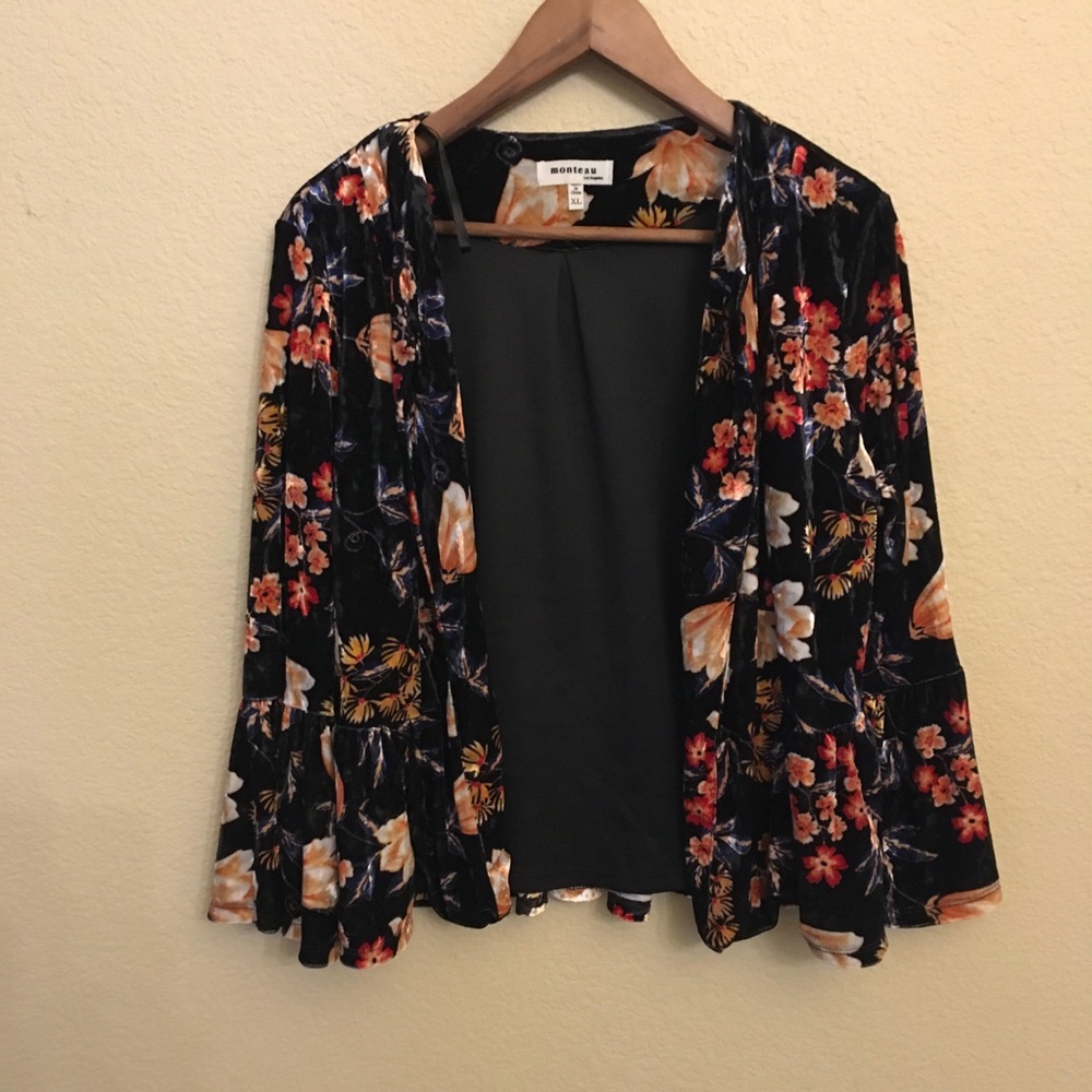 Monteau Floral Velvet Cardigan W/Bell Sleeves-XL